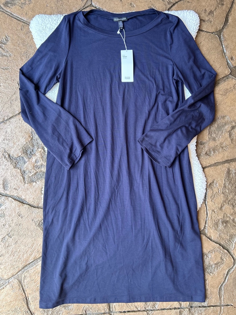 Eileen Fisher Navy Long-Sleeve Fine Tencel Jersey Bateau Neck Shift Dress NWT